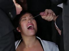 That's a lot of cum for one Asian chic but she takes it all in this gangbang tape