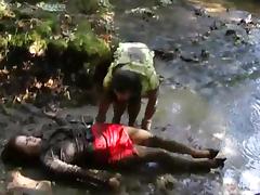 Lustful lesbian duo gets wet clothed in the river