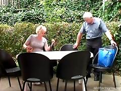 Senior citizens on a picnic are joined by a cutie for a threesome