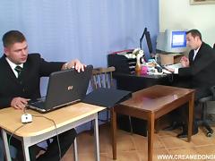 After hours at the office four guys gangbang an office slut