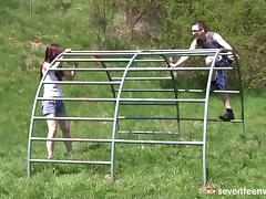 He romances a pretty teen outdoors and gets to fuck her