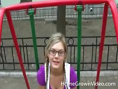 Blonde chick with glasses sucks on a hard cock outside