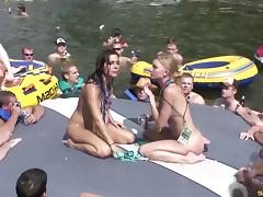 Lake party babes have a bit of lesbian sex for a big crowd