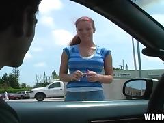 Crazy redhead Brandi Mae gives head in the back of a car