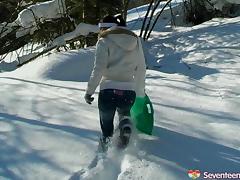 Extra-ordinary outdoors scene in snowy grounds along impatient teen girl