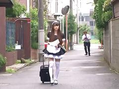 Naughty Japanese maid cleans men's hard pipes like a pro