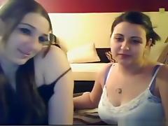 2 brunettes and a lucky guy fool around on cam
