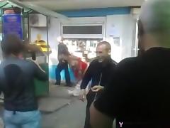 Fucked up russian slut goes naked in public and the guys cheer for her