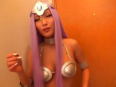 Cosplay girl in a hotel gangbang with a group of horny Asian guys