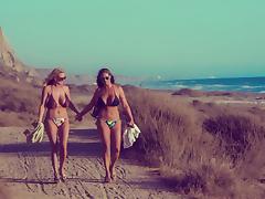 Bikini milfs leave the beach to ride dick in the bedroom