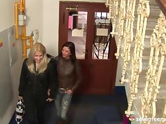 Wild lesbian girlfriends hook up and cum in a public stairway