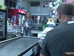 Convenience store clerk and a slutty girl fucking on the floor