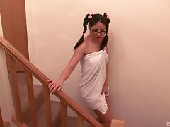 Nerdy Julia can't wait for the handsome guy to bang her on the floor