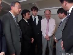 Busty Asian slut gets gang banged by horny businessmen