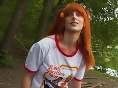 Redhead teen with pigtails loves to have two dicks inside her
