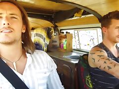 Two hippie dudes pick up a hitchhiker and have gay threesome