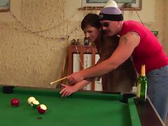 Mature amateur brunette fucked in hairy cunt on the pool table