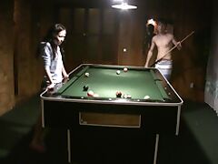 Amateur couple playing pool and having sex on the pool table