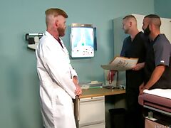 Gay threesome at the doctor's office with mature orderlies