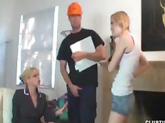Worker enjoys getting his dick pleasured by two horny sluts