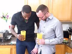 Interracial gay fucking with a long black cock in the kitchen