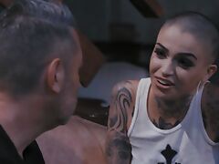 Bald Leigh Raven with tattoos fucked in all holes by her man