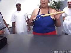 Very fat babe gets fucked many times in the kitchen