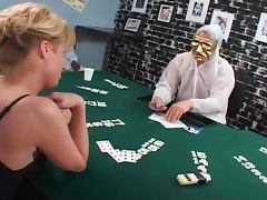 Blond shemale loses the poker game and gets banged