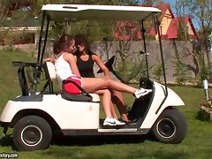 Amazing Outdoor Lesbian Action on a Golf Cart with Sexy Bitches