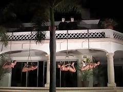 Three tied up girls get humiliated on a lawn late at night