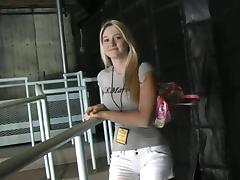 Blonde chick with a hot body flashing her gorgeous natural tits in public